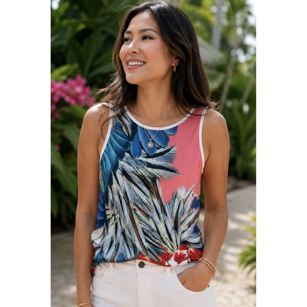 Clover Canyon Sleeveless Blouse Women's XS Multi Feather Floral Top Open Back